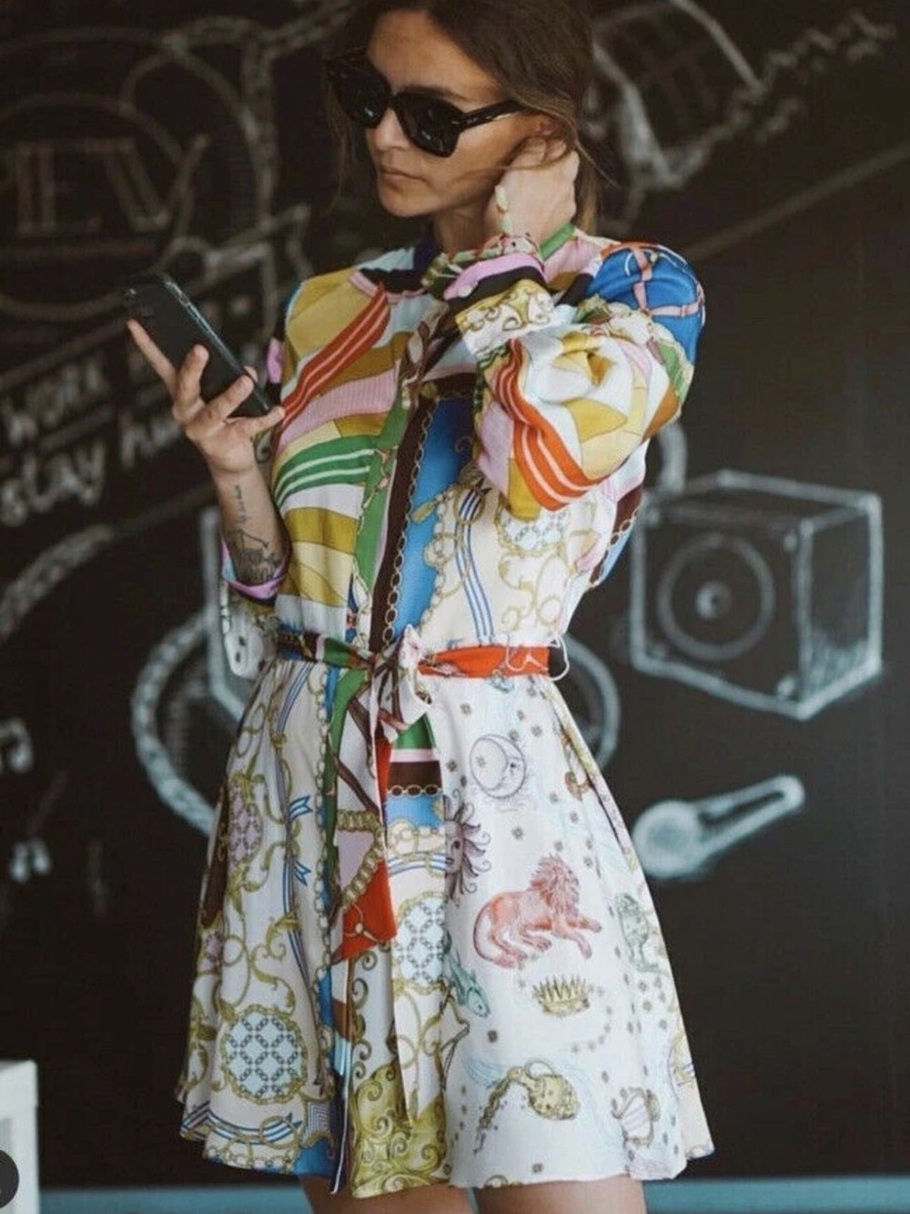 Zara Multicolor Printed Satin Shirt Dress xs bloggers favourite